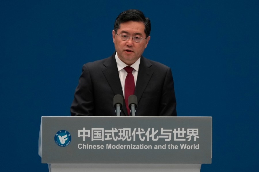 Chinese foreign minister Qin Gang speaks during the forum titled Chinese Modernization and the World held at The Grand Halls in Shanghai, Friday, April 21, 2023. (AP Photo/Ng Han Guan)