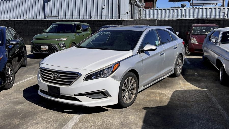 A Hyundai sedan sits in the parking lot of East Bay Tow Inc., where Attorney General Rob Bonta held a news conference, Thursday, April 20, 2023, in Berkeley, Calif., about the surge in thefts of KIA and Hyundai vehicles. Attorneys general in 17 states plus Washington, DC, on Thursday urged the federal government to recall millions of Kia and Hyundai cars because they are too easy to steal; a response to a sharp increase in thefts fueled by a viral social media challenge. (AP Photo/Terry Chea)