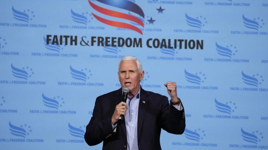 Former Vice President Mike Pence speaks during the Iowa Faith and Freedom Coalition Spring Kick-Off Saturday, April 22, 2023, in Clive, Iowa. (AP Photo/Charlie Neibergall)