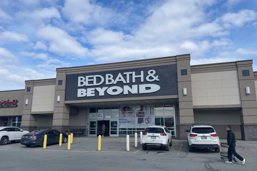 The entrance to a Bed Bath & Beyond store is seen in Anchorage, Alaska, on Sunday, April 23, 2023. One of the original big box retailers, the company filed for bankruptcy protection on Sunday, following years of dismal sales and losses and numerous failed turnaround plans. (AP Photo/Mark Thiessen)