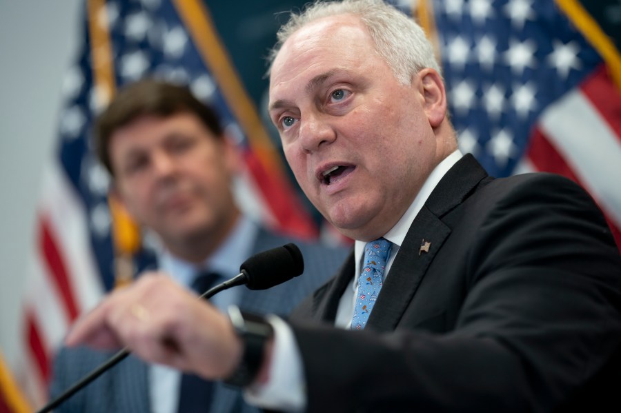 House Majority Leader Steve Scalise, R-La., speaks to reporters following a closed-door meeting with fellow Republicans as Speaker of the House Kevin McCarthy, R-Calif., struggles to round up the votes for his sweeping debt ceiling package, at the Capitol in Washington, Wednesday, April 26, 2023. (AP Photo/J. Scott Applewhite)