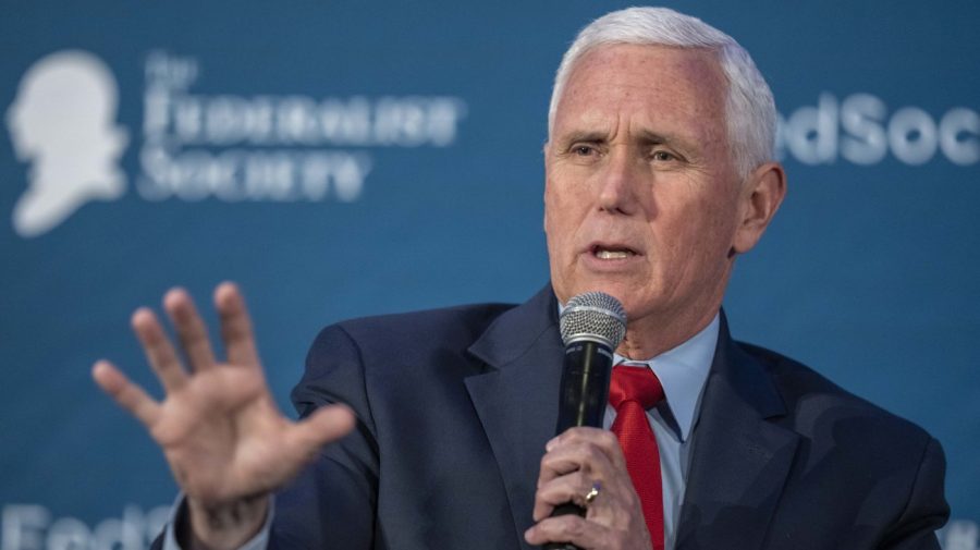 Former Vice President Mike Pence speaks at the Federalist Society Executive Branch Review conference, Tuesday, April 25, 2023, in Washington. (AP Photo/Alex Brandon)