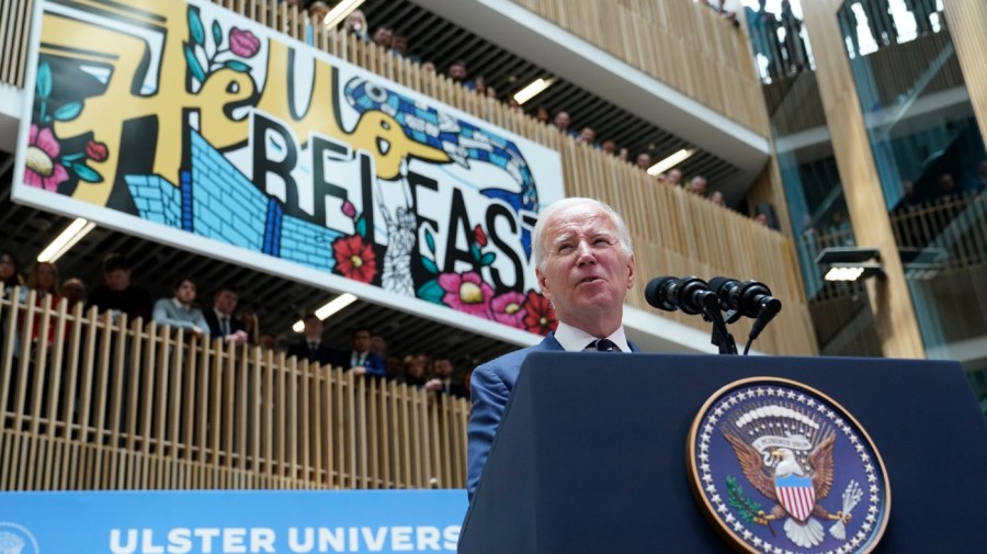 President Joe Biden speaks at Ulster University in Belfast, Northern Ireland, Wednesday, April 12, 2023.