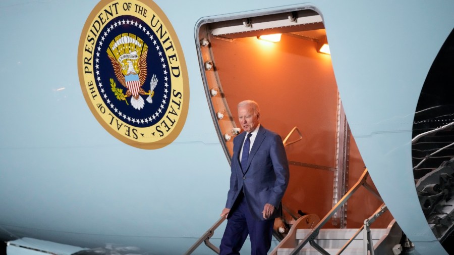 President Joe Biden steps off Air Force One at Belfast International Airport in Belfast, Northern Ireland, Tuesday, April 11, 2023. Biden is visiting the United Kingdom and Ireland in part to help celebrate the 25th anniversary of the Good Friday Agreement.