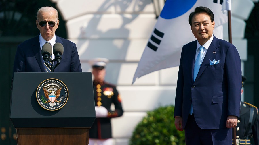 President Biden speaks during an arrival ceremony for South Korean President Yoon Suk Yeol