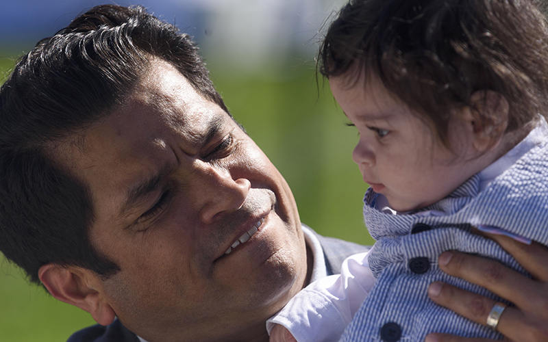 Rep. Jimmy Gomez (D-Calif.) and his son Hodge are seen during the annual White House Easter Egg Roll