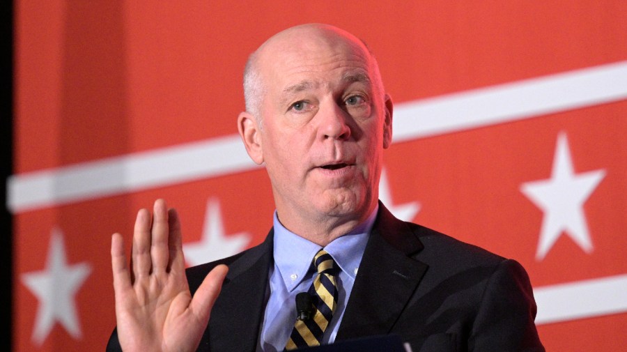 Montana Gov. Greg Gianforte poses a question while moderating a panel discussion during a Republican Governors Association conference, Wednesday, Nov. 16, 2022, in Orlando, Fla.