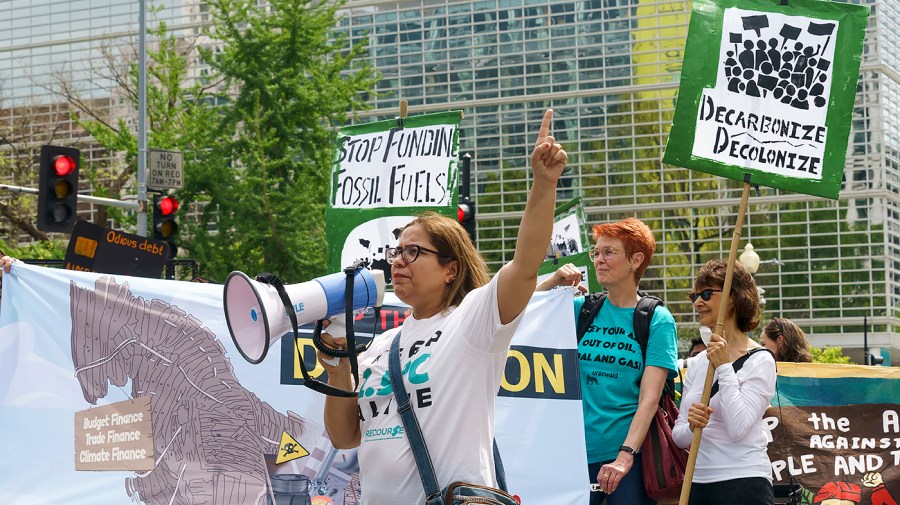 Climate protesters outside the IMF in Washington, D.C,