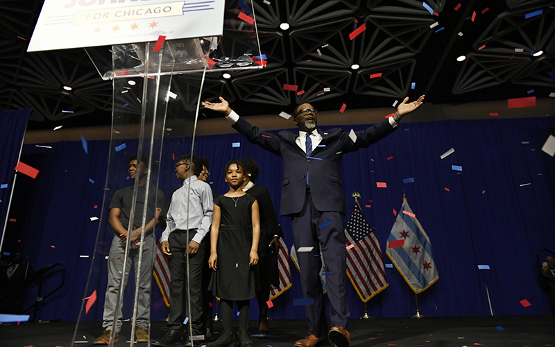 Chicago Mayor-elect Brandon Johnson celebrates with his family and supporters