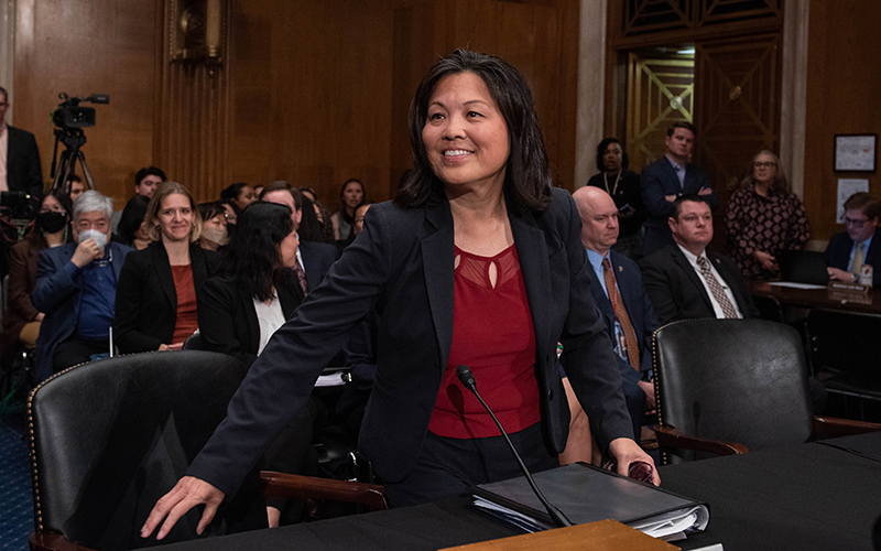 Deputy Secretary of Labor Julie Su prepares to take her seat for her nomination hearing