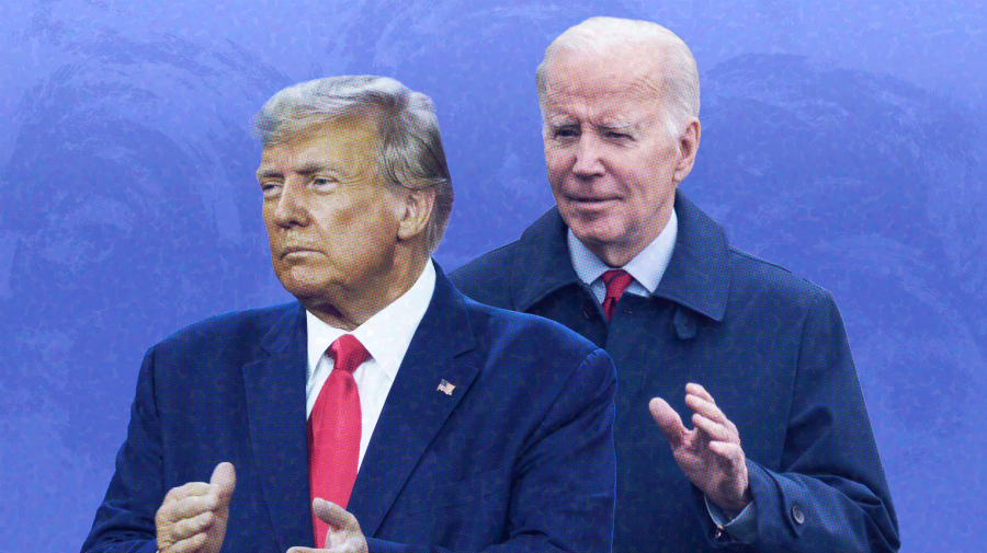 Photo illustration of Donald Trump, center left, and Joe Biden, upper center right on a textured light purple/blue background