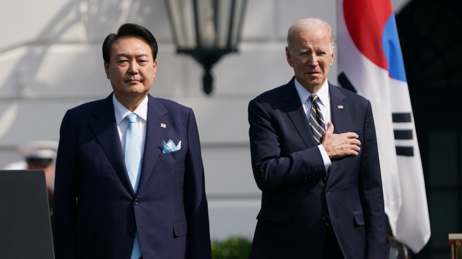 President Biden welcomes South Korean President Yoon Suk-yeol to the White House on April 26, 2023.