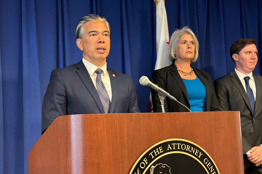 California Attorney General Rob Bonta speaks during a news conference.