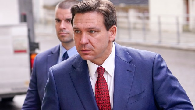 FILE - Florida Republican Gov. Ron DeSantis arrives at the Foreign Office to visit Britain's Foreign Secretary in London, Friday, April 28, 2023. DeSantis is slated to headline Iowa Rep. Randy Feenstra’s annual summer fundraiser in northwest Iowa on May 13 and is expected to speak at a party fundraiser later that evening in Cedar Rapids. A campaign official for former President Donald Trump said Saturday, April 29, that the former president now plans to be in Iowa on the same day to headline an organizing rally at a sprawling park in downtown Des Moines. (AP Photo/Alberto Pezzali, File)
