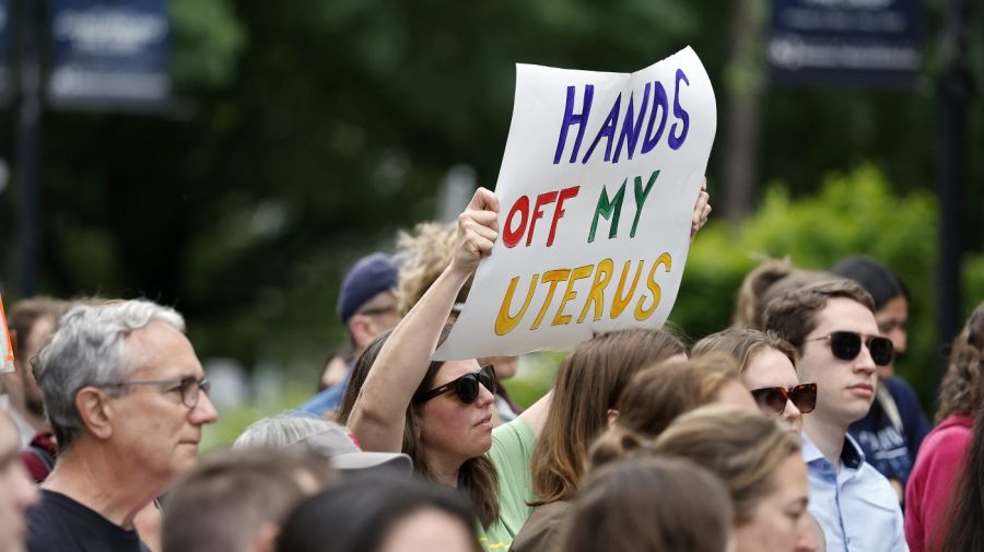 Abortion rights supporters gather at a rally at Bicentennial Plaza put on by Planned Parenthood South Atlantic in response to a bill before the North Carolina Legislature, Wednesday, May 3, 2023, in Raleigh, N.C. (AP Photo/Karl B DeBlaker)