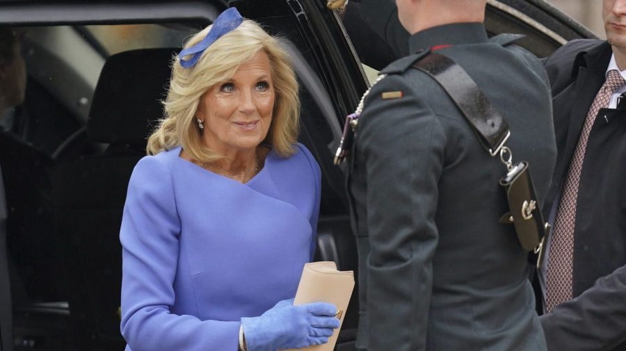 US First Lady Jill Biden arrives at Westminster Abbey prior to the coronation ceremony of Britain's King Charles III in London Saturday, May 6, 2023. (Jacob King/PA via AP)