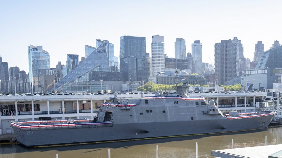 This photo provided by the U.S. Navy shows the Freedom-variant littoral combat ship USS Cooperstown (LCS 23) prior to the ship’s commissioning ceremony, Saturday, May 6, 2023, in New York. On Saturday, the U.S. Navy commissioned the USS Cooperstown in honor of 70 Major League Baseball Hall of Fame players who served in the military during wartime. (Petty Officer 1st Class Kevin C. Leitner/U.S. Navy via AP)