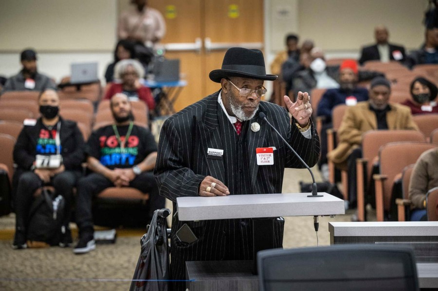 FILE - Bishop Henry C. Williams, of Oakland, testifies during the Reparations Task Force meeting in Sacramento, Calif., Wednesday, March 29, 2023. Williams said he hopes to build a Black Wall Street in Oakland with all Black-owned businesses. California's first-in-the-nation reparations task force will sign off Saturday, May 5, 2023, on key recommendations for how the state should apologize and atone for decades of discriminatory policies against descendants of U.S. chattel slavery. (Hector Amezcua/The Sacramento Bee via AP, File)