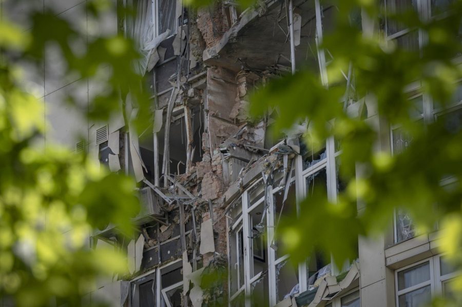 An apartment building damaged by a drone that was shot down during a Russian overnight strike, amid Russia's attack, in Kyiv, Ukraine, Monday, May 8, 2023. (AP Photo/Andrew Kravchenko)