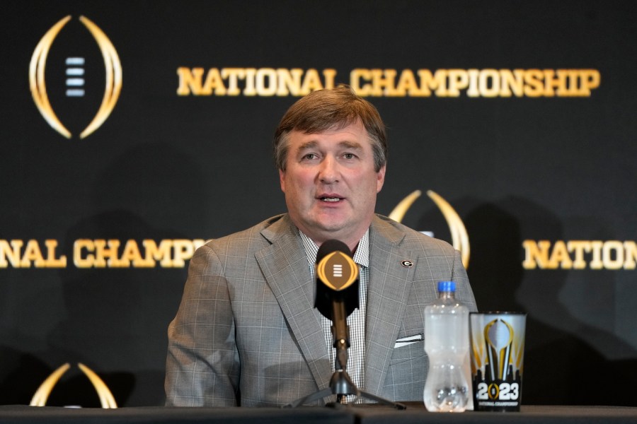 FILE -Georgia head coach Kirby Smart speaks to reporters during a press conference the day after winning the national championship NCAA College Football Playoff game against TCU, Tuesday, Jan. 10, 2023, in Los Angeles, Calif. Georgia's national championship football team is declining an invitation to visit the White House. According to a statement released by the Georgia athletic association, the Bulldogs will not be able to attend a June 12 event with other college teams at the White House described by President Joe Biden and first lady Jill Biden as “College Athlete Day.”(AP Photo/Ashley Landis, File)