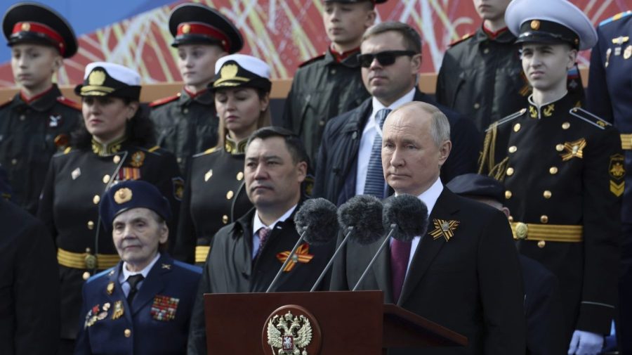 Russian President Vladimir Putin delivers his speech during the Victory Day military parade marking the 78th anniversary of the end of World War II in Red square in Moscow, Russia, Monday, May 9, 2022. (Gavriil Grigorov, Sputnik, Kremlin Pool Photo via AP)