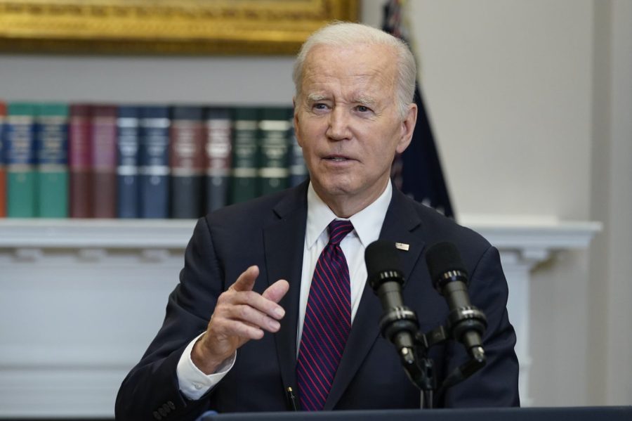 President Joe Biden speaks to the media following a meeting with Congressional leaders about preventing a first-ever government default, Tuesday, May 9, 2023 in the Roosevelt Room at the White House in Washington. (AP Photo/Susan Walsh)