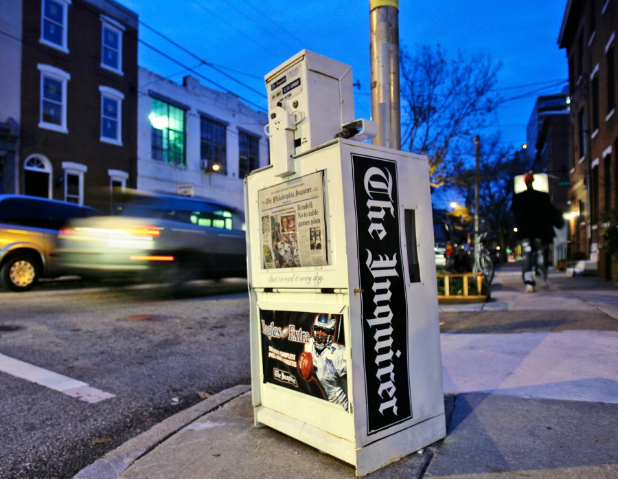 FILE - A Philadelphia Inquirer newspaper vending machine stands in Philadelphia on Nov. 30, 2006. The Philadelphia Inquirer experienced the most significant disruption to its operations in 27 years due to what the newspaper calls a cyberattack on Sunday, May 14, 2023. The company was working to restore print operations after a cyber incursion that prevented the printing of the newspaper's Sunday print edition, the Inquirer reported on its website. (AP Photo/Matt Rourke, File )