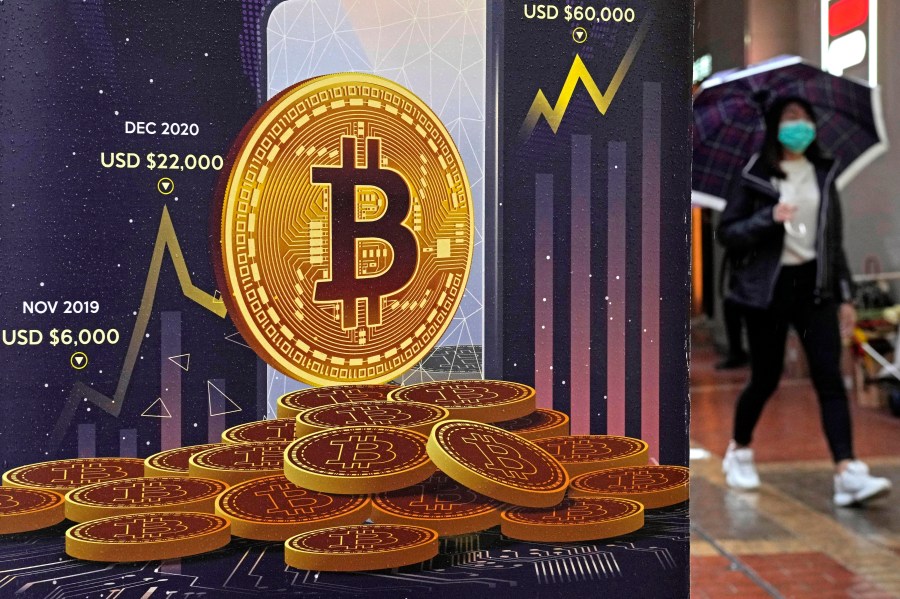 FILE - An advertisement for Bitcoin cryptocurrency is displayed on a street in Hong Kong, on Feb. 17, 2022. (AP Photo/Kin Cheung, File)