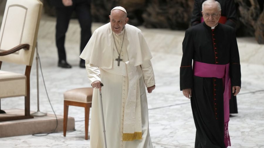 Pope Francis leaves after an audience with the dioceses of Spoleto and Norcia in the Paul VI Hall, at the Vatican, Saturday, May 20, 2023. (AP Photo/Alessandra Tarantino)