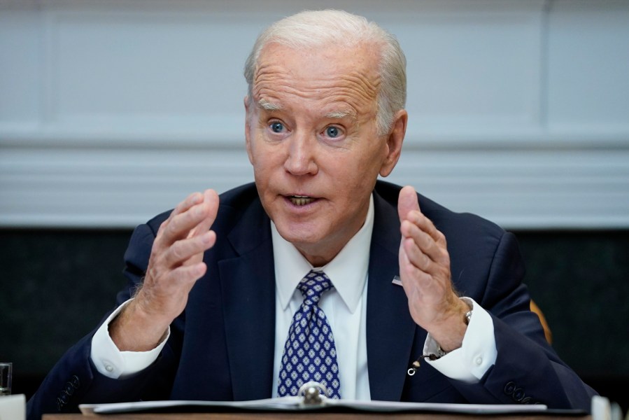 FILE - President Joe Biden speaks during a meeting with his "Investing in America Cabinet," in the Roosevelt Room of the White House, Friday, May 5, 2023, in Washington. Biden would veto a House GOP bill that aims to restrict asylum, build more border wall and cut a program that allows migrants a chance to stay in the U.S. lawfully for two years, an administration official said Monday, May 8. (AP Photo/Evan Vucci, File)