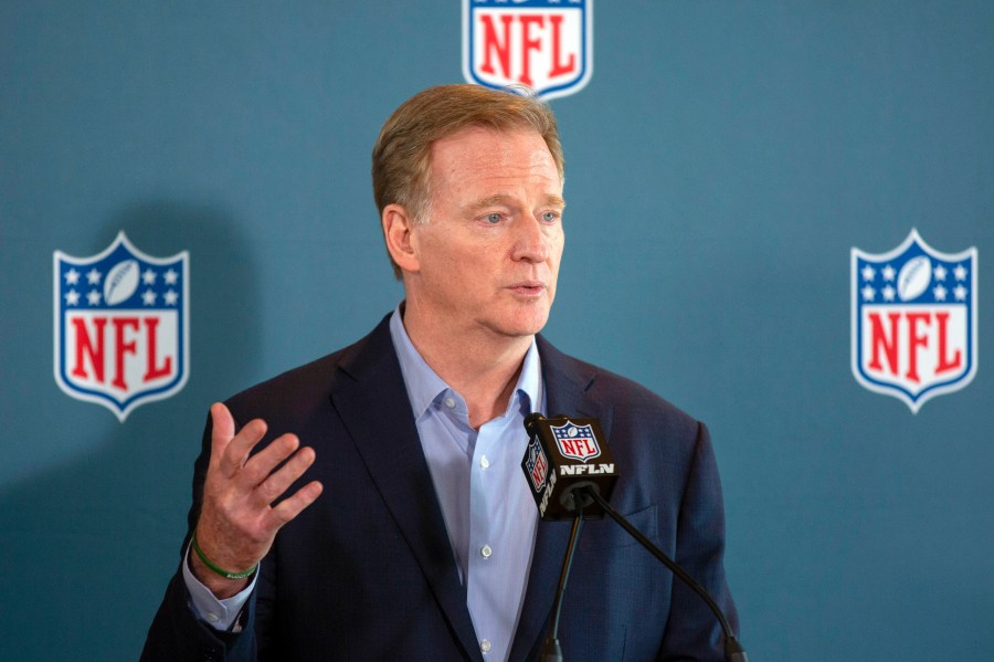 NFL Commissioner Roger Goodell addresses the media at the NFL Owners Meetings at the Omni Hotel, Tuesday, May 23, 2023 in Eagan, Minn.