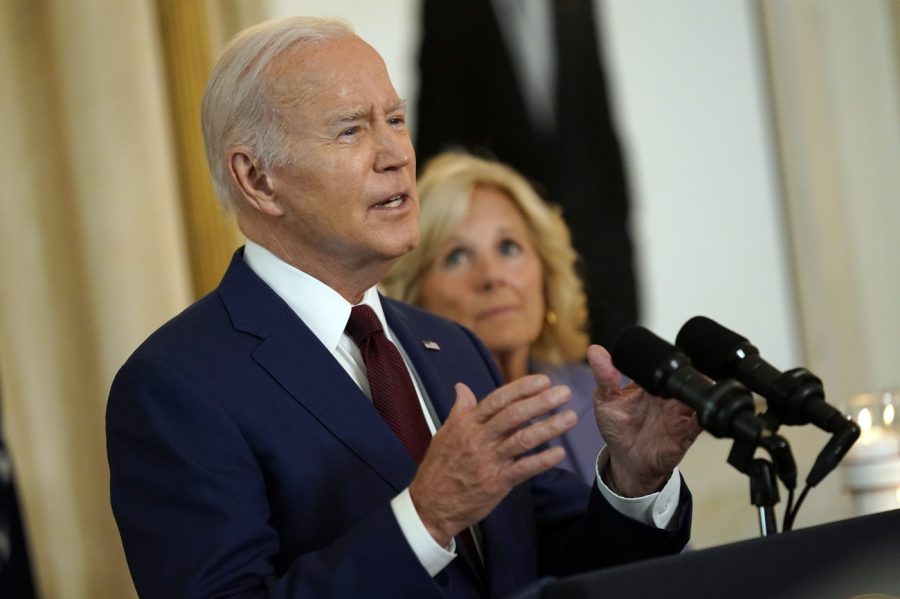 President Joe Biden, accompanied by first lady Jill Biden, speaks on the one year anniversary of the school shooting in Uvalde, Texas, at the White House in Washington, Wednesday, May 24, 2023. (AP Photo/Andrew Harnik)