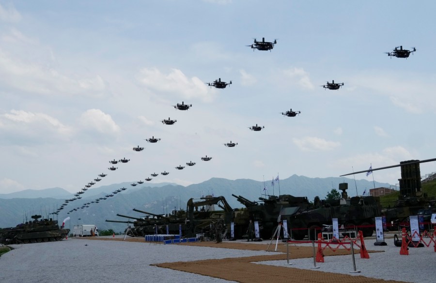 The South Korean army's drones fly during South Korea-U.S. joint military drills at Seungjin Fire Training Field in Pocheon, South Korea, Thursday, May 25, 2023. The South Korean and U.S. militaries held massive live-fire drills near the border with North Korea on Thursday, despite the North's warning that it won't tolerate what it calls such a hostile invasion rehearsal on its doorstep. (AP Photo/Ahn Young-joon)