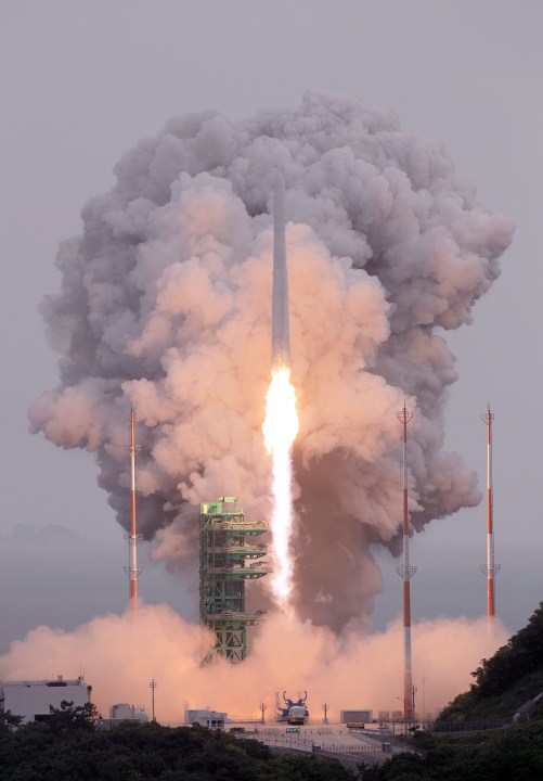 In this photo released by the Korea Aerospace Research Institute, the Nuri rocket lifts off from the Naro Space Center in Goheung, South Korea, Thursday, May 25, 2023. South Korea launched the commercial-grade satellite Thursday for the first time as part of its growing space development program, as rival North Korea is pushing to place its first military spy satellite into orbit. (Korea Aerospace Research Institute via AP)