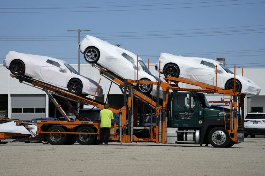 New Corvettes are delivered to a Chevrolet dealer in Wheeling, Ill., Tuesday, May 9, 2023. On Thursday, the Commerce Department issues its second of three estimates of how the U.S. economy performed in the first quarter of 2023.(AP Photo/Nam Y. Huh)