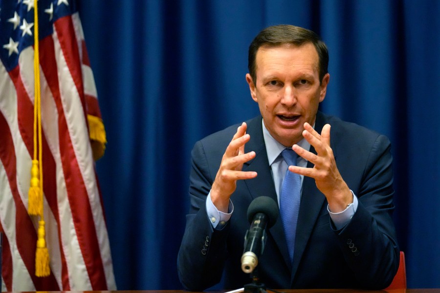 U.S. Sen. Chris Murphy, D-Conn. speaks during a press conference in the U.S. embassy in Belgrade, Serbia, Thursday, May 25, 2023. Washington and Brussels have stepped up efforts to help solve the Kosovo-Serbia dispute, fearing further instability in Europe as the war rages in Ukraine. (AP Photo/Darko Vojinovic)