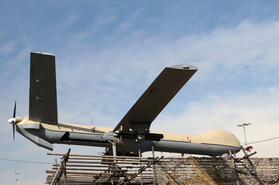 FILE - In this Feb. 11, 2016 file photo, Iranian drone Shahed-129 is displayed at a rally in Tehran, Iran. The White House on Monday, May 15, 2023, said that Russia is looking to buy additional advanced attack drones from Iran for use in the Kremlin's war in Ukraine after using up most of the 400 drones it had previously purchased from Tehran. “Iran also continues to provide Russia with one-way attack UAVs (unmanned aerial vehicles). Since August, Iran has provided Russia with more than 400 UAVs primarily of the Shahed variety,” White House National Security Council spokesman John Kirby said. (AP Photo/Ebrahim Noroozi, File)