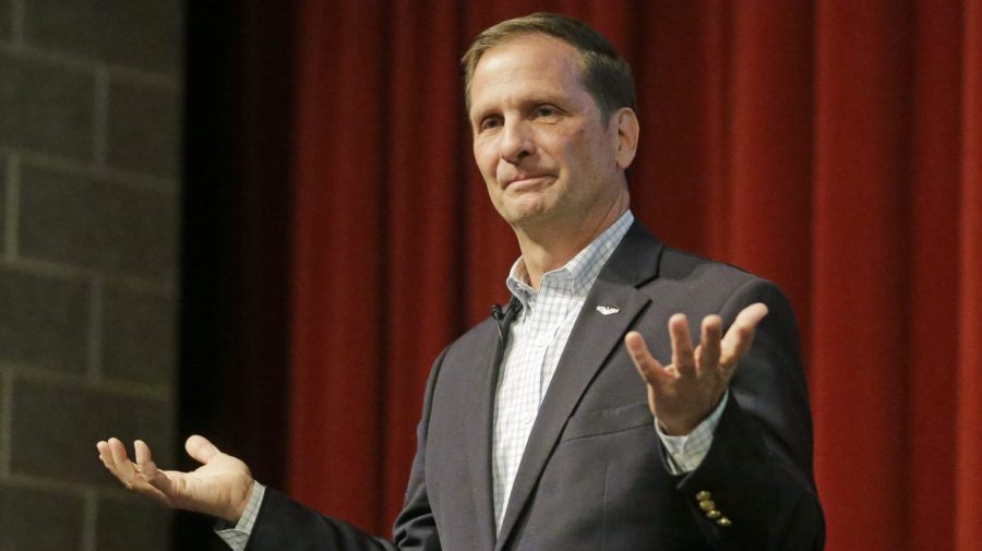 FILE - Republican U.S. Rep. Chris Stewart looks on during his town hall meeting on March 31, 2017, in Salt Lake City. Stewart is resigning from his seat in the narrowly divided U.S. House of Representatives. He said in a statement on Wednesday, May 31, 2023, that he had decided to retire due to his wife's health. (AP Photo/Rick Bowmer, File)