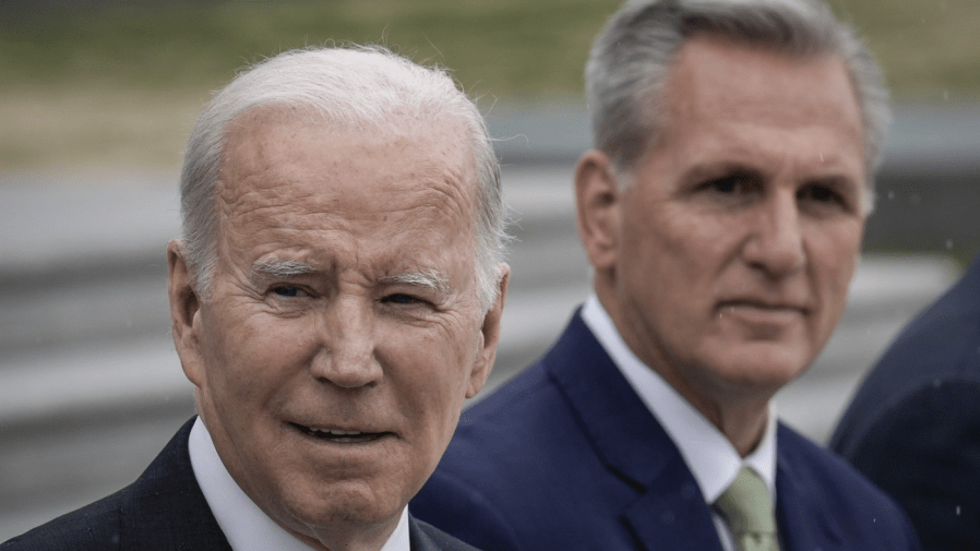 File - U.S. President Joe Biden and Speaker of the House Kevin McCarthy (R-CA) depart the U.S. Capitol on March 17, 2023 in Washington, DC. (Photo by Drew Angerer/Getty Images)