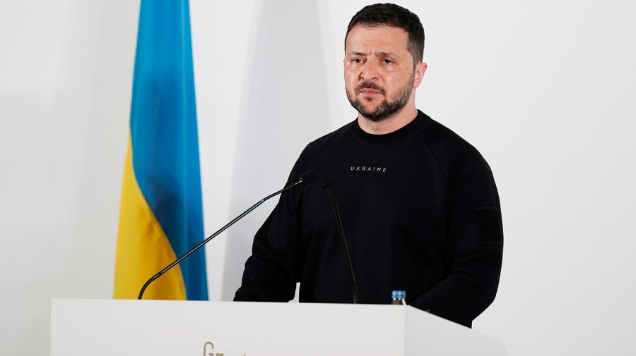 Ukrainian President Volodymyr Zelenskyy speaks during a news conference at the Group of Seven nations' meetings in Hiroshima, western Japan, Sunday, May 21, 2023.