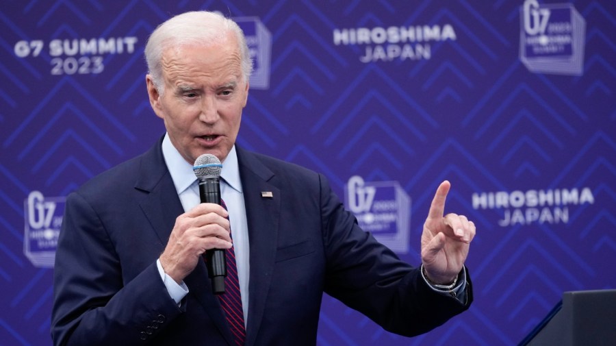 President Joe Biden gestures during a news conference in Hiroshima, Japan, Sunday, May 21, 2023, following the G7 Summit.