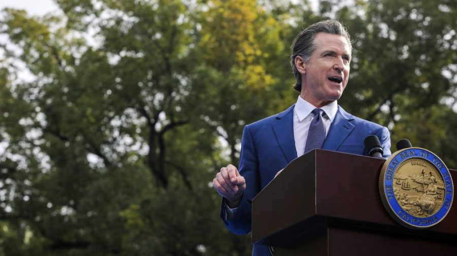 California Gov. Gavin Newsom delivers a speech