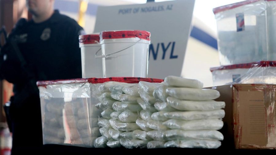 A display of fentanyl and meth that was seized by U.S. Customs and Border Protection officers at the Nogales Port of Entry is shown during a press conference, Jan. 31, 2019, in Nogales, Ariz.