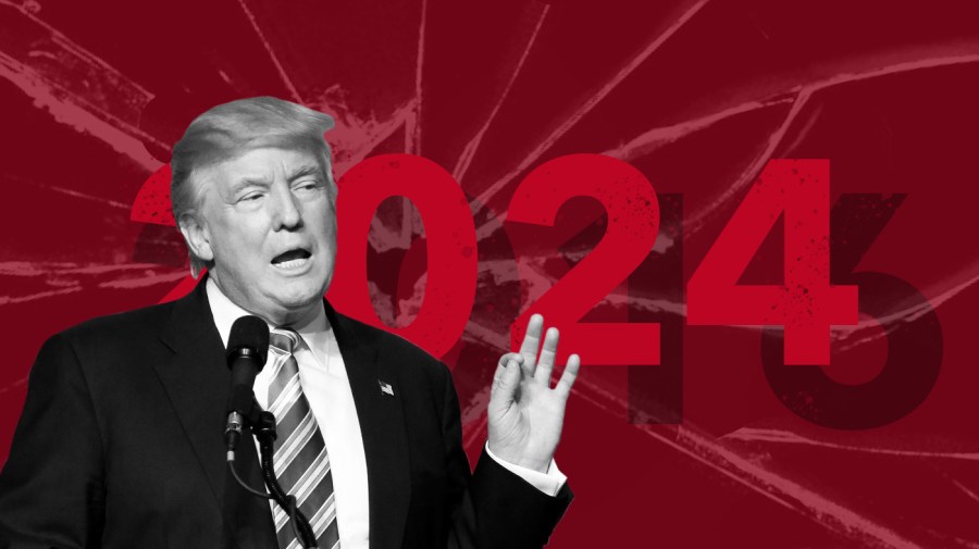 Photo illustration of a black and white Donald Trump with a dark red background with brighter text saying 2024 and 2016 in darker text