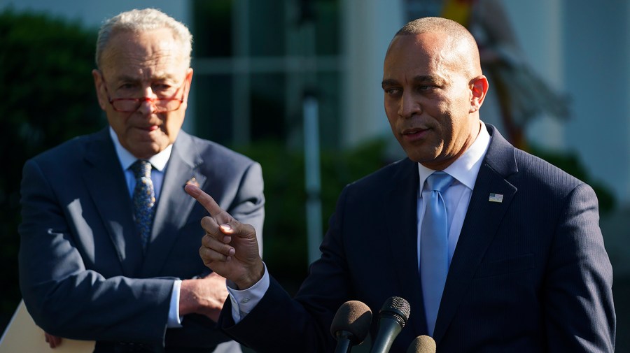 Minority Leader Hakeem Jeffries (D-N.Y.) speaks to reporters alongside Majority Leader Chuck Schumer (D-N.Y.)