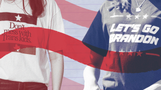 Photo illustration of young person wearing a “Don’t mess with Trans Kids” shirt, left, surrounded by Texas emblem, and another person wearing a “Let’s Go Brandon” shirt, right, in white and in all caps, on a background of notebook paper and three horizontal red squiggles, with one squiggle going over the shirts in the center.