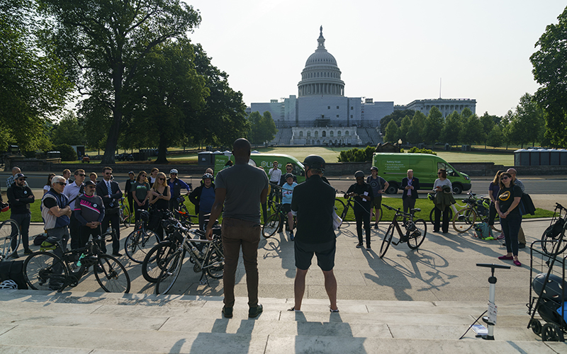 Rep. Earl Blumenauer (D-Ore.) speaks before the Congressional Bicycle Caucus conducts a ride