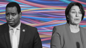 Two senators appear in black and white over a background of colorful wires