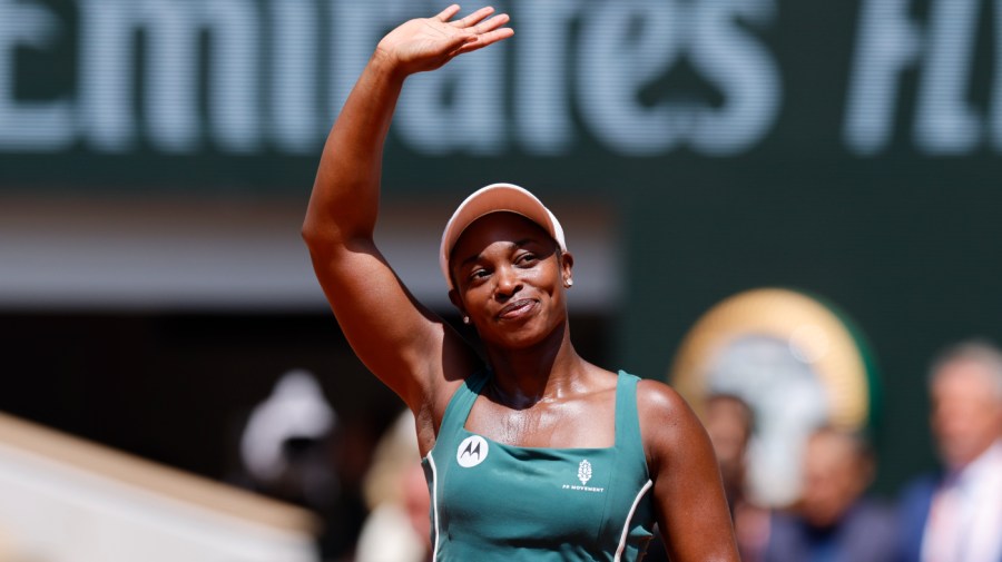 Sloane Stephens of the U.S. celebrates winning her first round match of the French Open tennis tournament