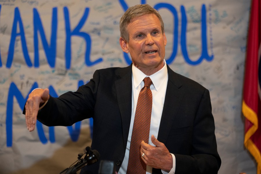 FILE - Tennessee Gov. Bill Lee responds to questions during a news conference, April 11, 2023, in Nashville, Tenn. Lee held the news conference to talk about gun control legislation and an executive order to require information for background checks on gun purchases to be updated more rapidly. Documents obtained by The Associated Press show Lee’s administration accused the National Rifle Association of wanting to use involuntary commitment laws "to round up mentally ill people and deprive them of other liberties." (AP Photo/George Walker IV, File)